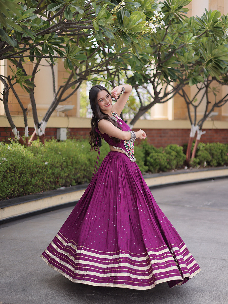 Purple Rayon Gamthi Mirror Work Wedding Reception Festival Party Wear Ready Circular Lehenga Choli