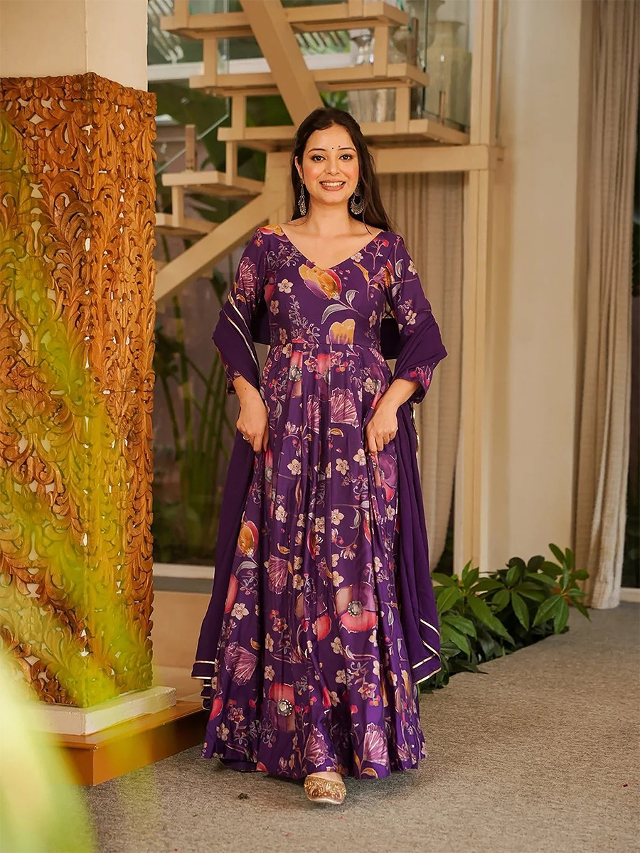 Purple Rayon Heavy Digital PrintedWedding Party Festival Casual Gown Women Wear