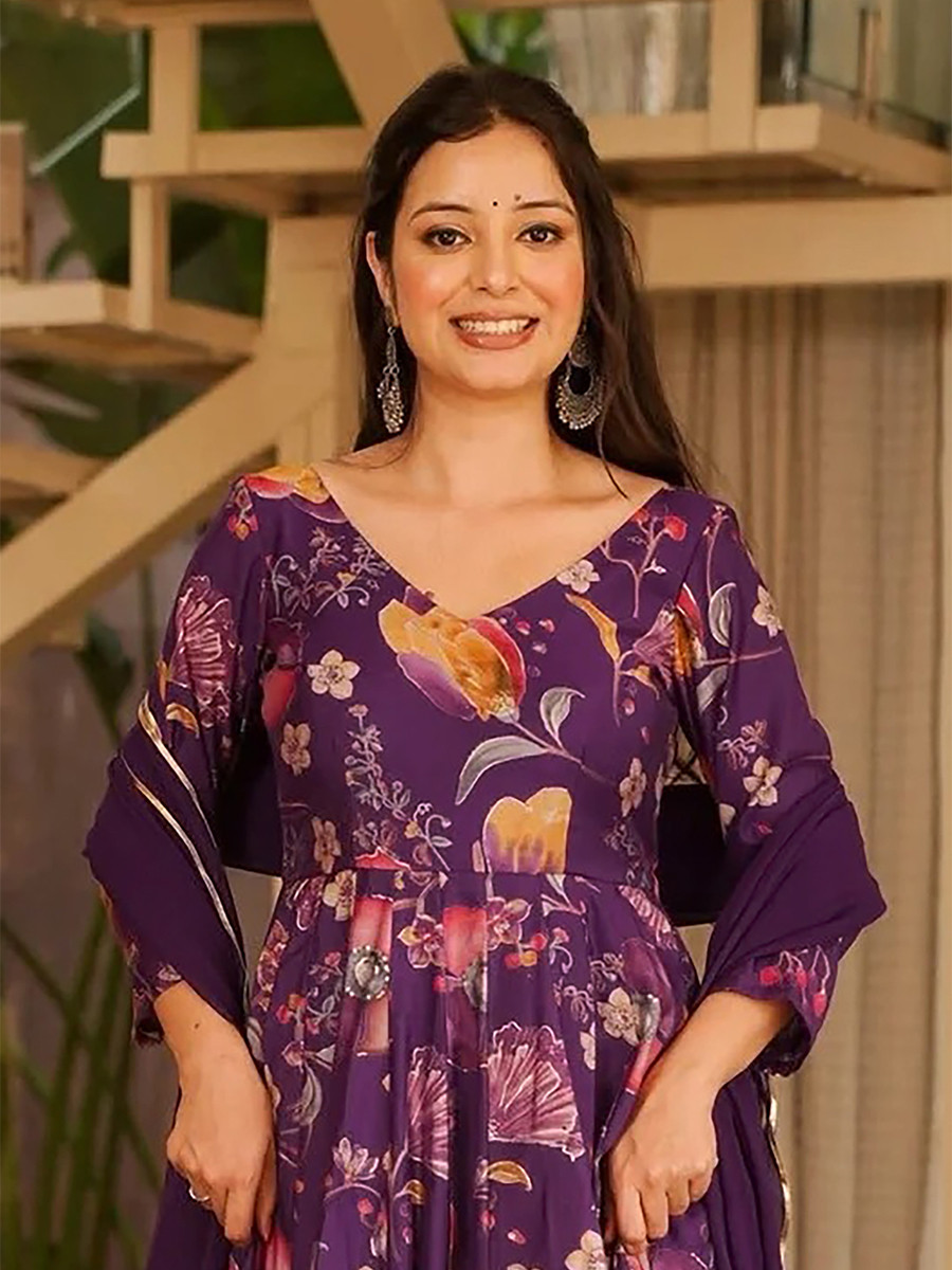Purple Rayon Heavy Digital PrintedWedding Party Festival Casual Gown Women Wear