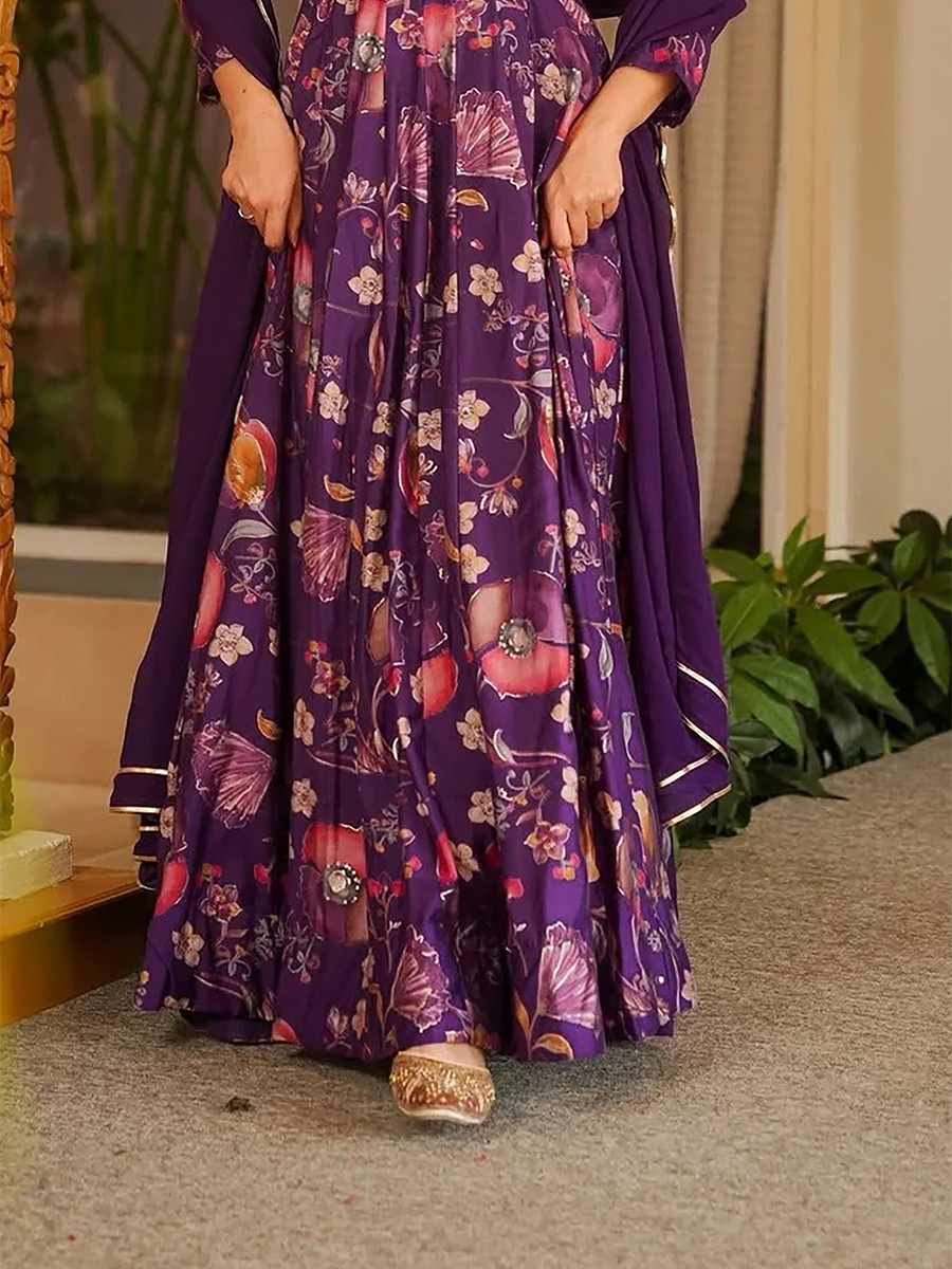 Purple Rayon Heavy Digital PrintedWedding Party Festival Casual Gown Women Wear