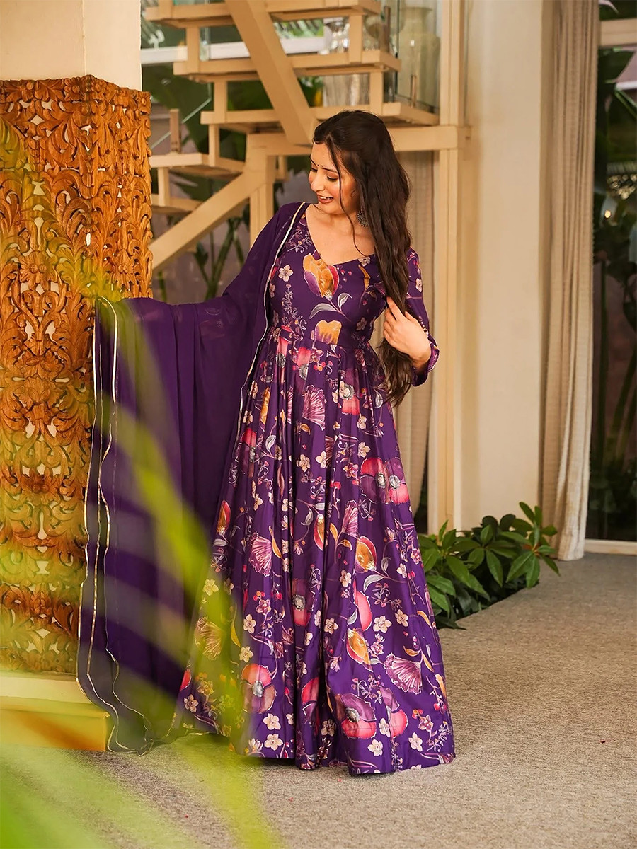 Purple Rayon Heavy Digital PrintedWedding Party Festival Casual Gown Women Wear