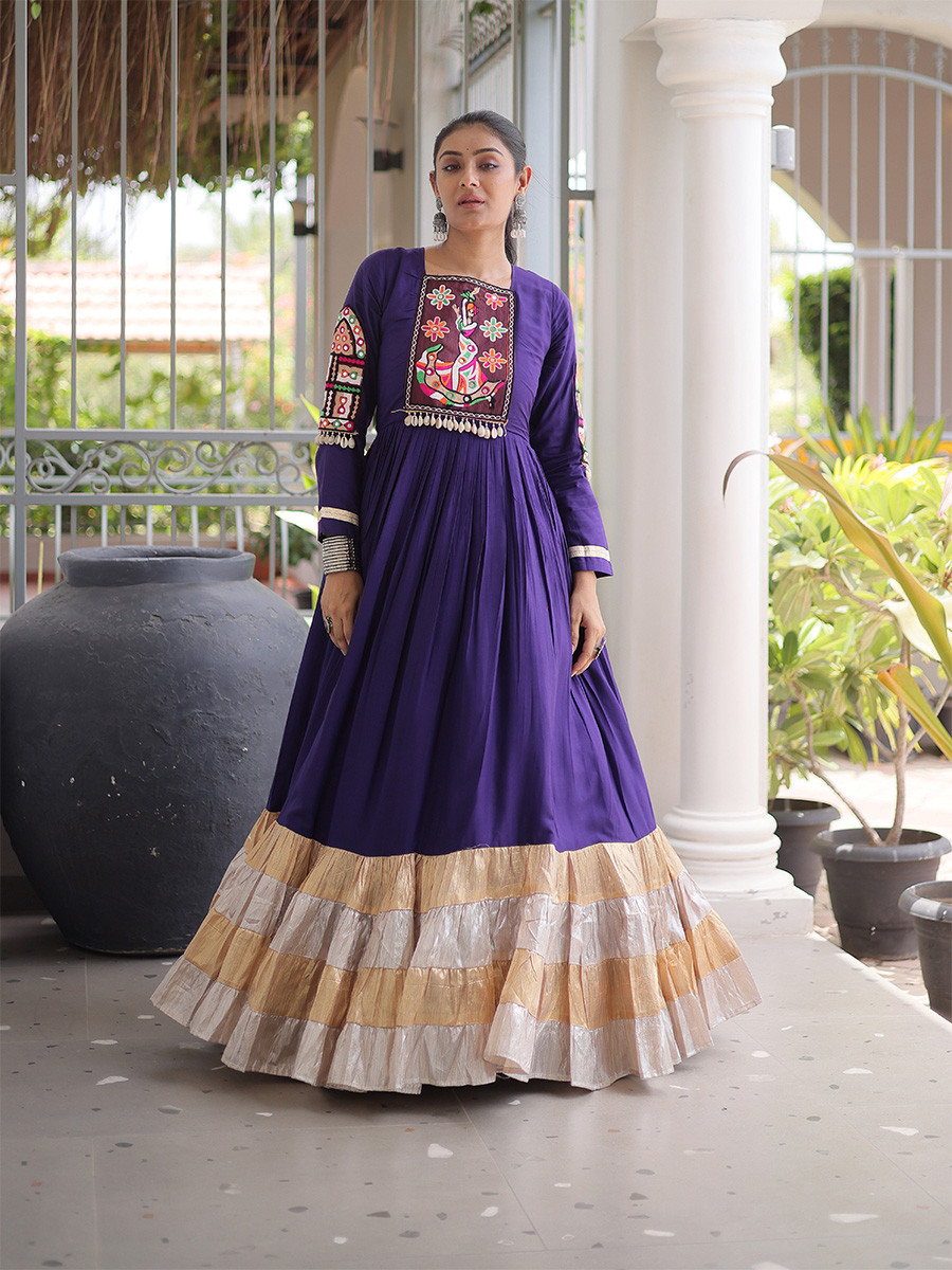 Purple Rayon Kutchi Gamthi Thread Work Festival Casual Party Wear Gown Women Wear