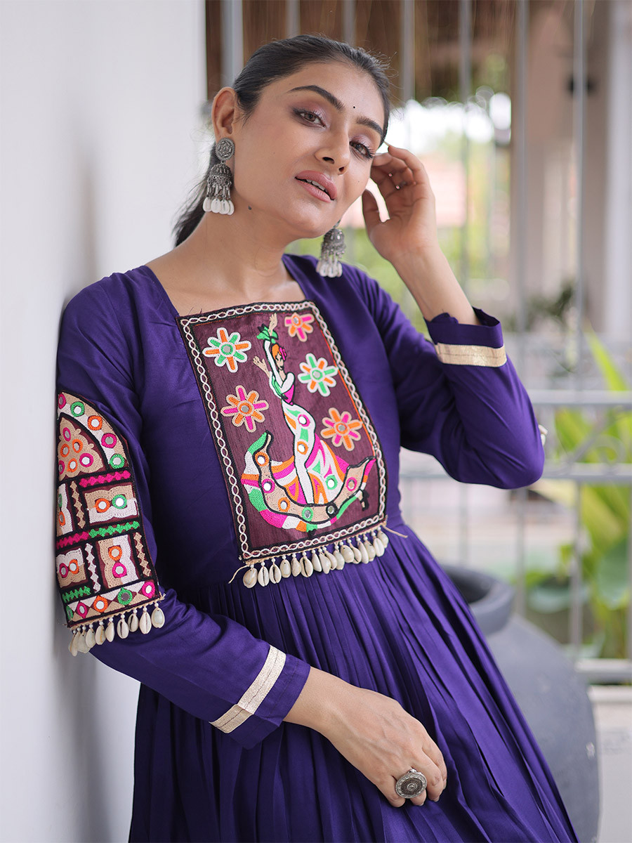 Purple Rayon Kutchi Gamthi Thread Work Festival Casual Party Wear Gown Women Wear