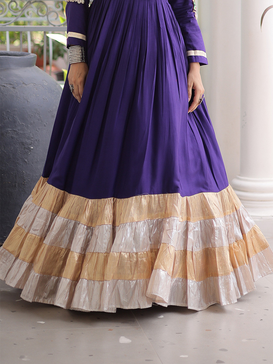 Purple Rayon Kutchi Gamthi Thread Work Festival Casual Party Wear Gown Women Wear
