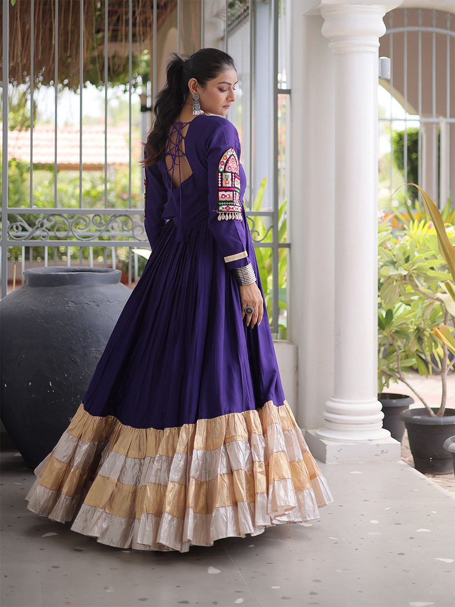 Purple Rayon Kutchi Gamthi Thread Work Festival Casual Party Wear Gown Women Wear