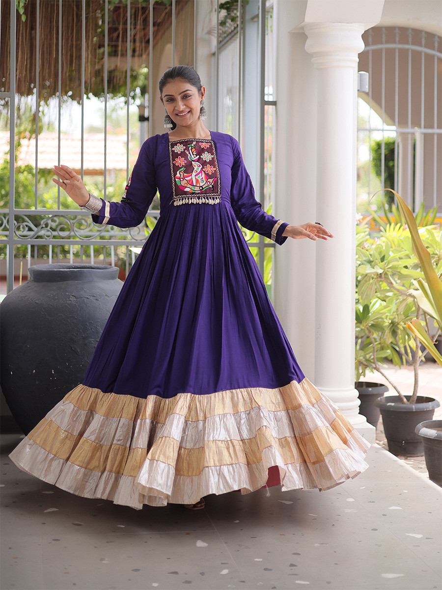 Purple Rayon Kutchi Gamthi Thread Work Festival Casual Party Wear Gown Women Wear