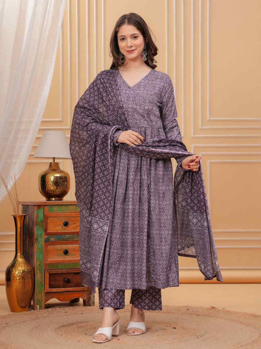 Purple Rayon Printed Party Wedding Festival Casual Ready Anarkali Salwar Kameez