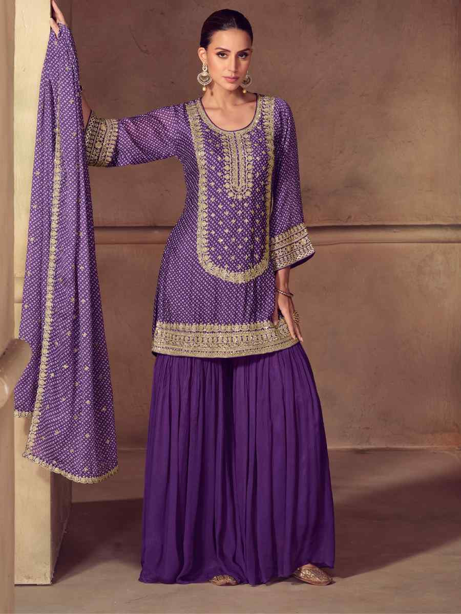 Purple Real Chinon Embroidered Party Wedding Ready Sharara Pant Salwar Kameez