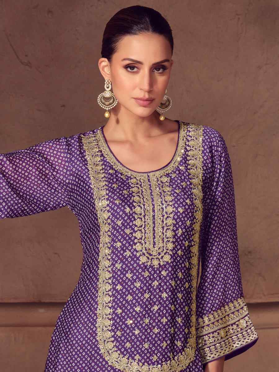 Purple Real Chinon Embroidered Party Wedding Ready Sharara Pant Salwar Kameez