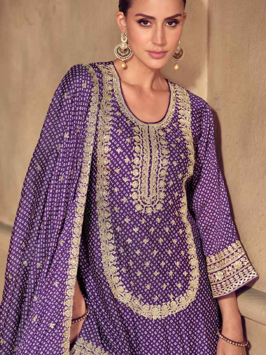 Purple Real Chinon Embroidered Party Wedding Ready Sharara Pant Salwar Kameez