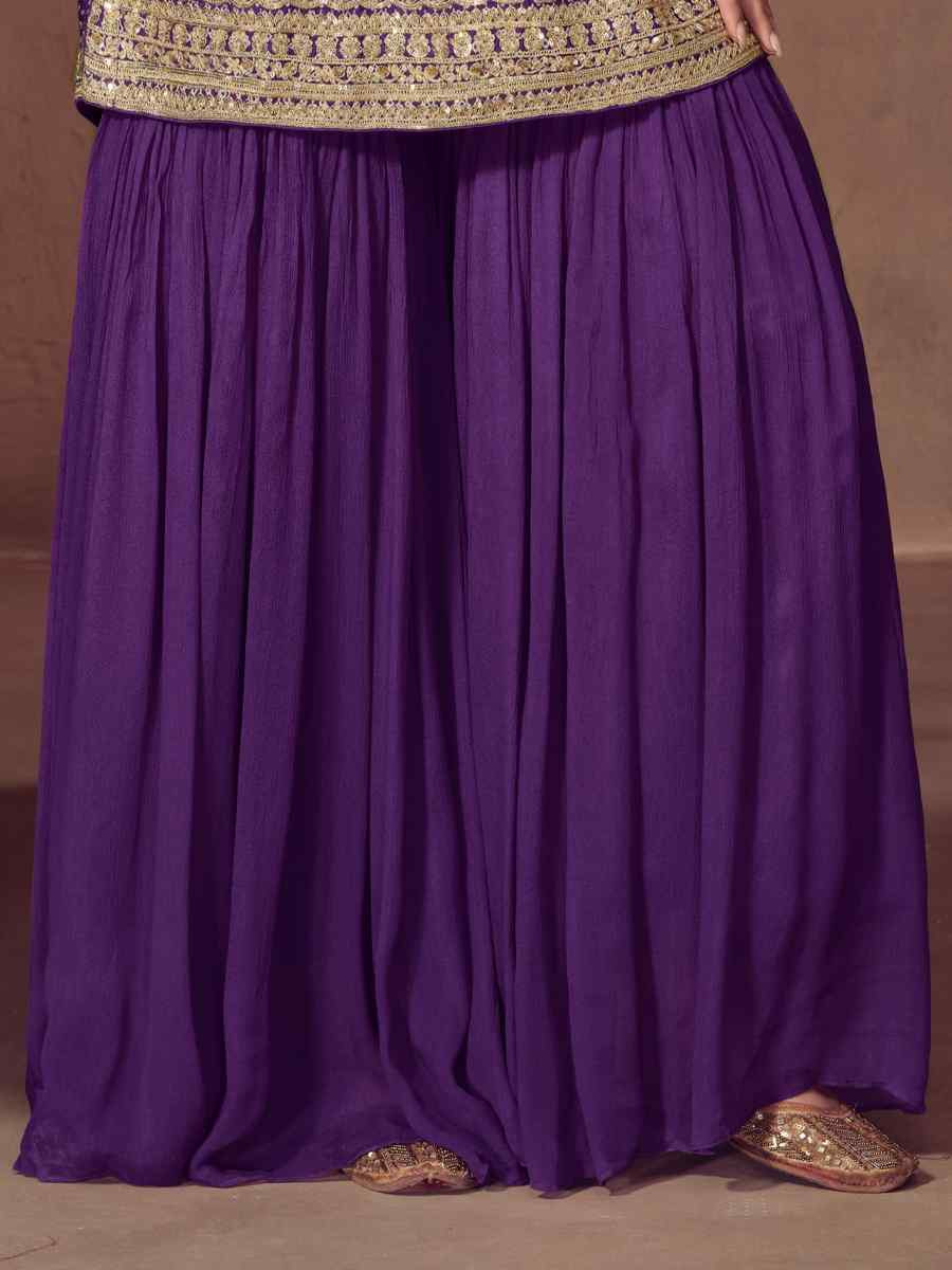 Purple Real Chinon Embroidered Party Wedding Ready Sharara Pant Salwar Kameez