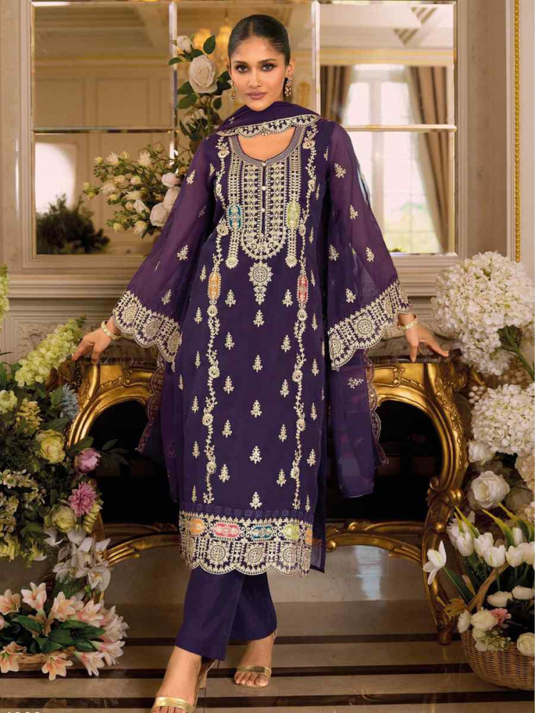 Image of Purple Real Chinon Embroidery Party Wedding Festival Casual Pant Salwar Kameez