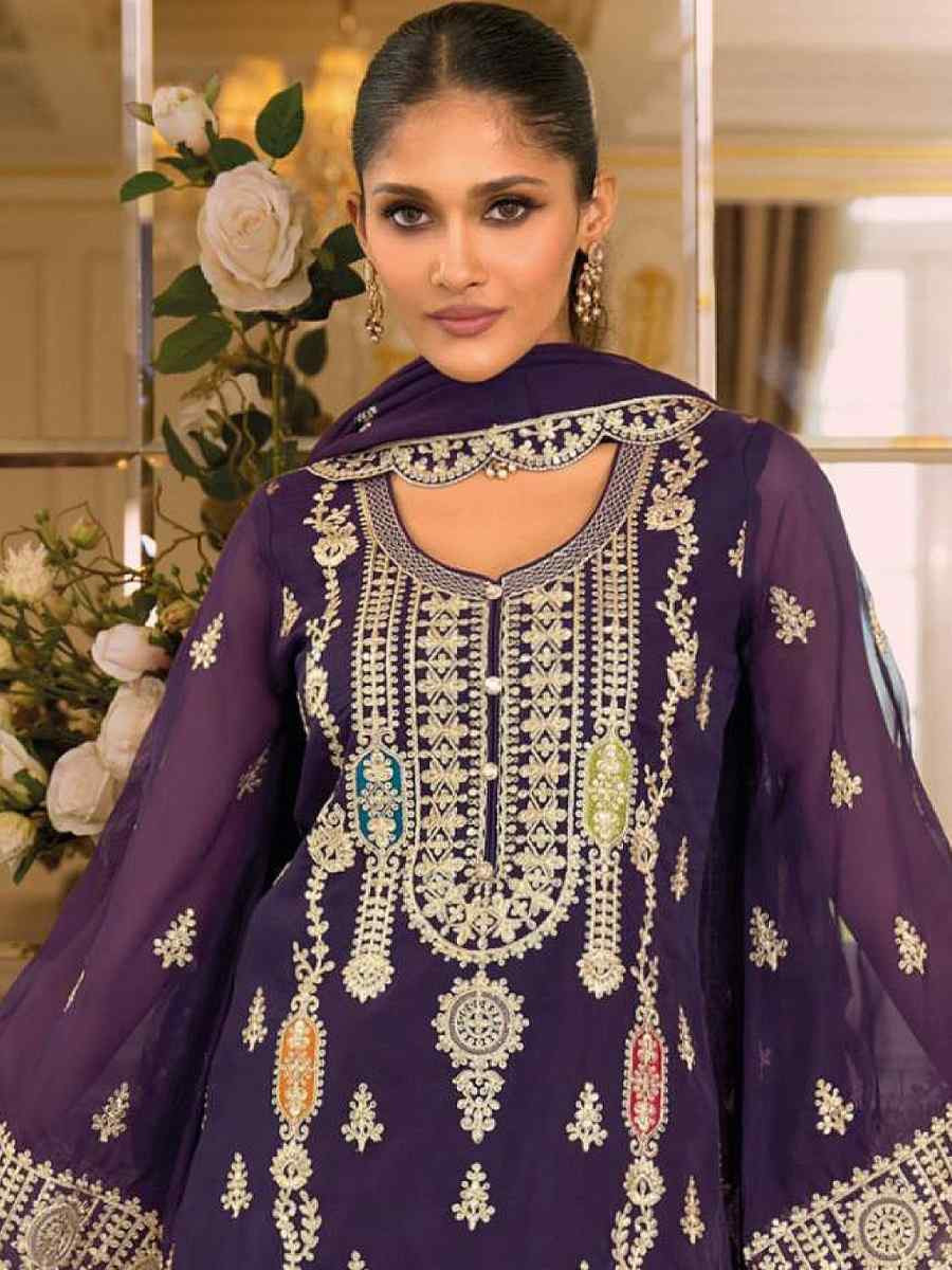 Purple Real Chinon Embroidery Party Wedding Festival Casual Pant Salwar Kameez