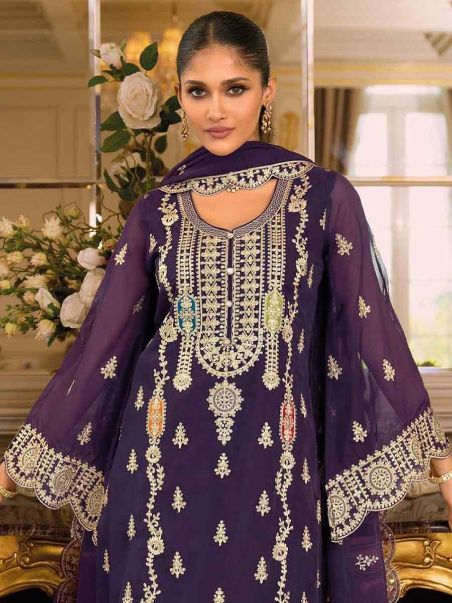 Purple Real Chinon Embroidery Party Wedding Festival Casual Pant Salwar Kameez