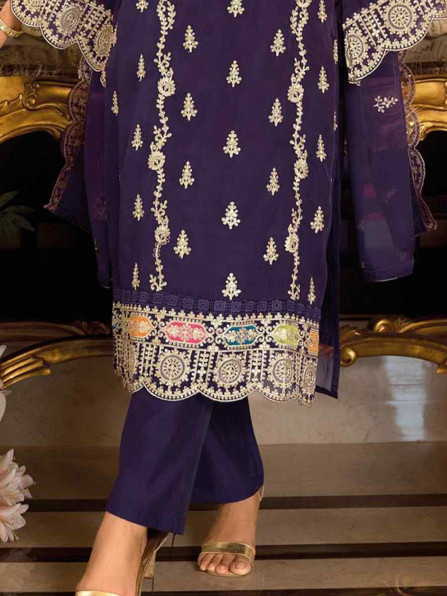 Purple Real Chinon Embroidery Party Wedding Festival Casual Pant Salwar Kameez