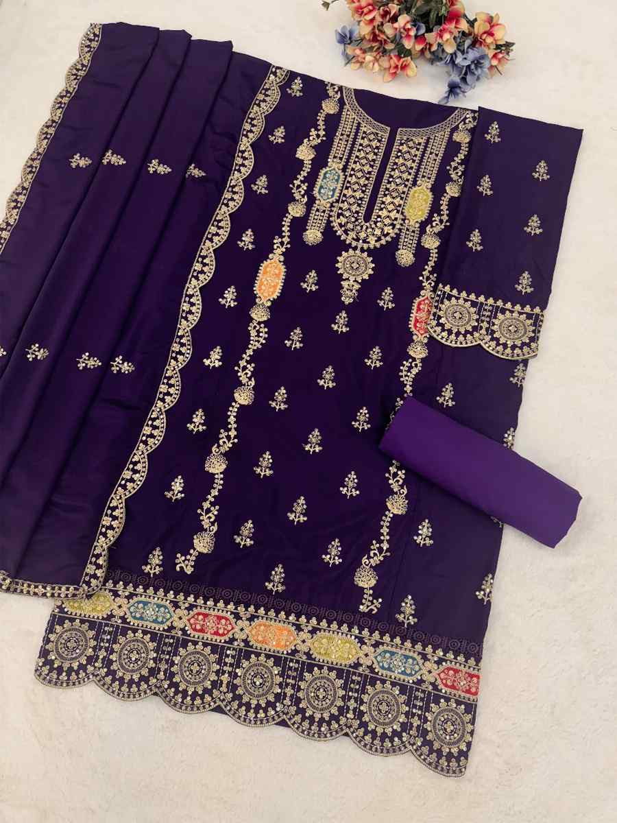Purple Real Chinon Embroidery Party Wedding Festival Casual Pant Salwar Kameez