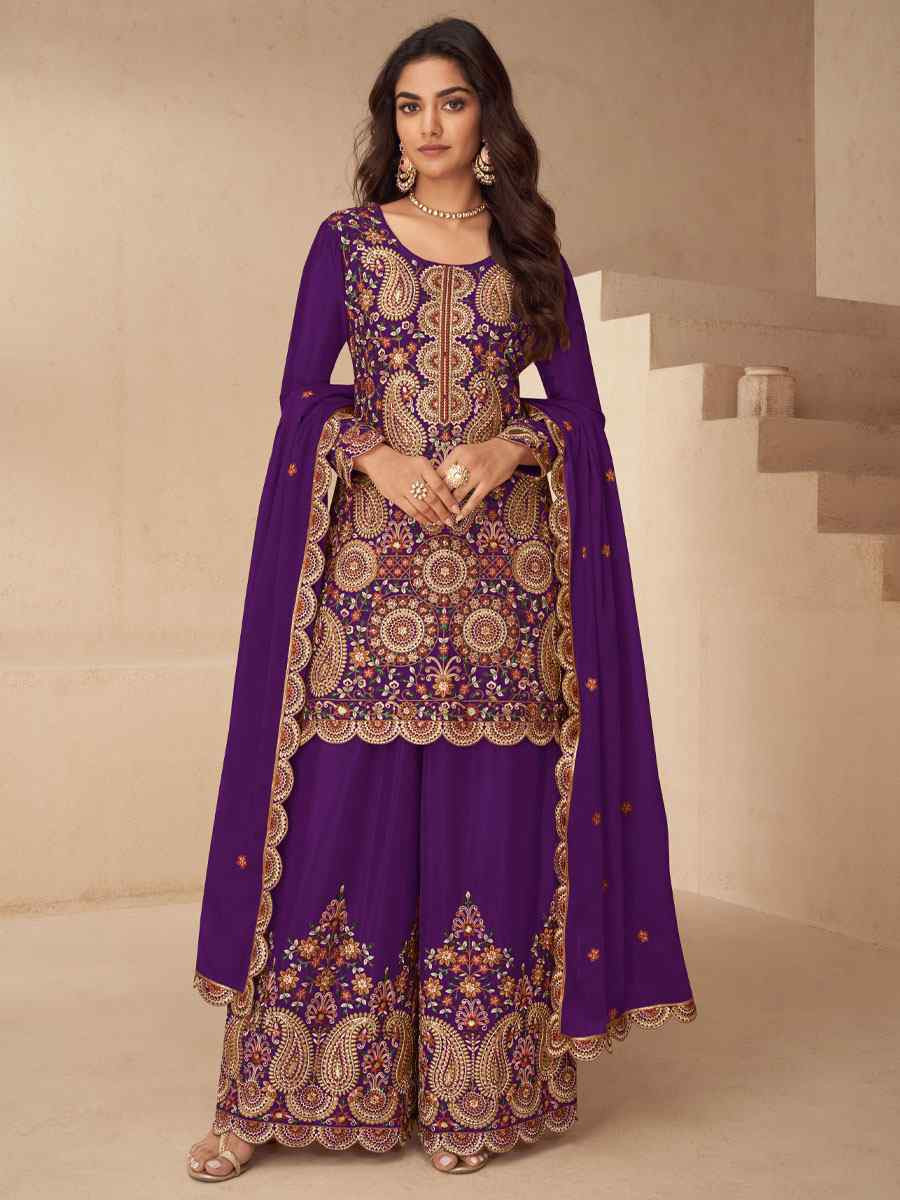 Purple Real Chinon Embroidery Party Wedding Festival Casual Ready Palazzo Pant Salwar Kameez