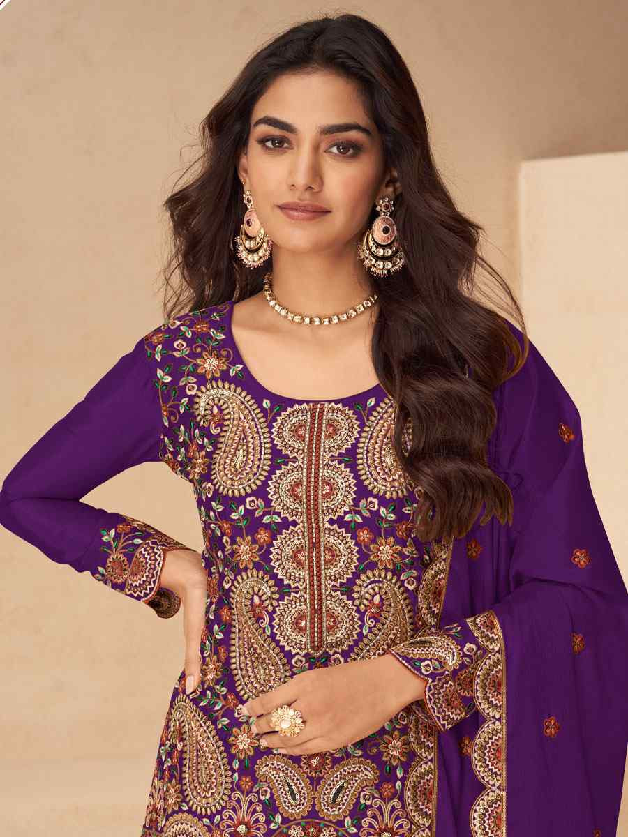 Purple Real Chinon Embroidery Party Wedding Festival Casual Ready Palazzo Pant Salwar Kameez
