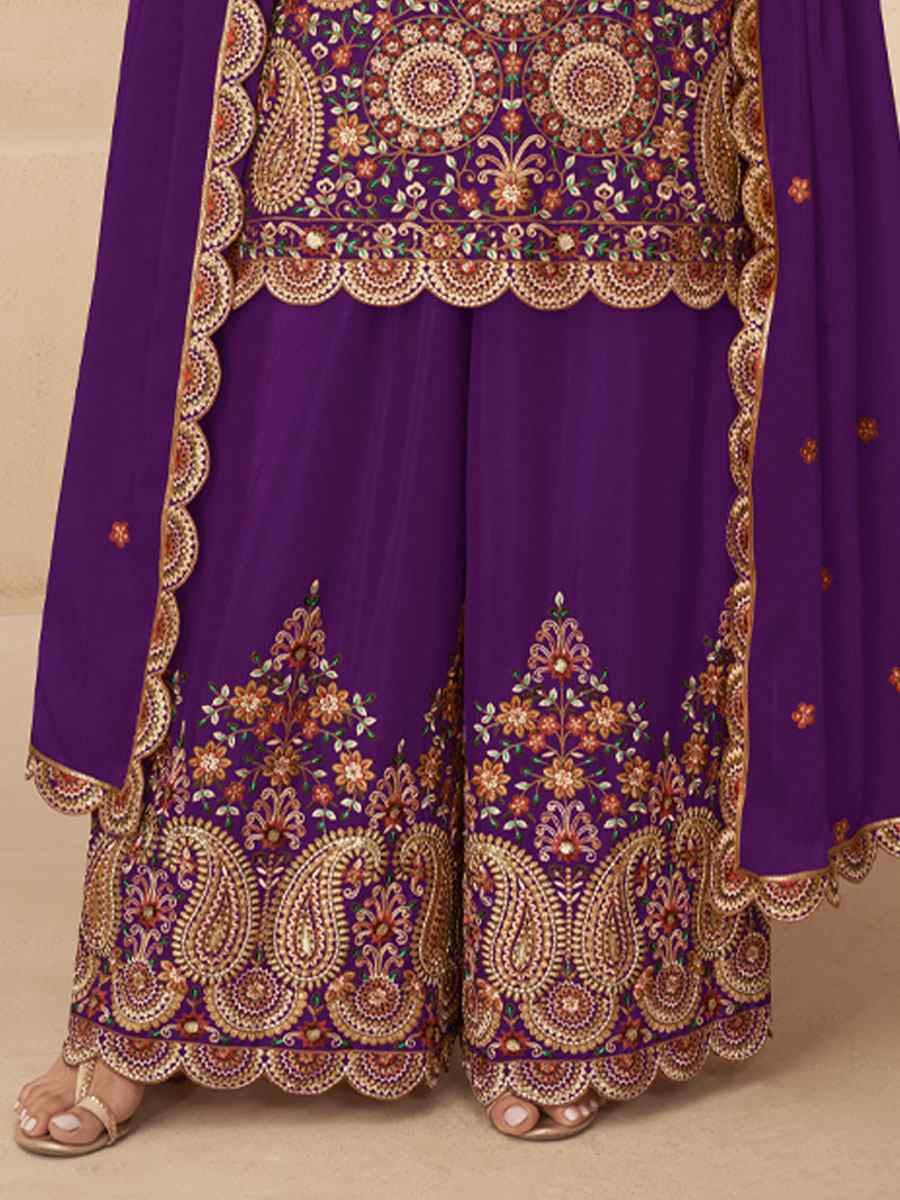 Purple Real Chinon Embroidery Party Wedding Festival Casual Ready Palazzo Pant Salwar Kameez