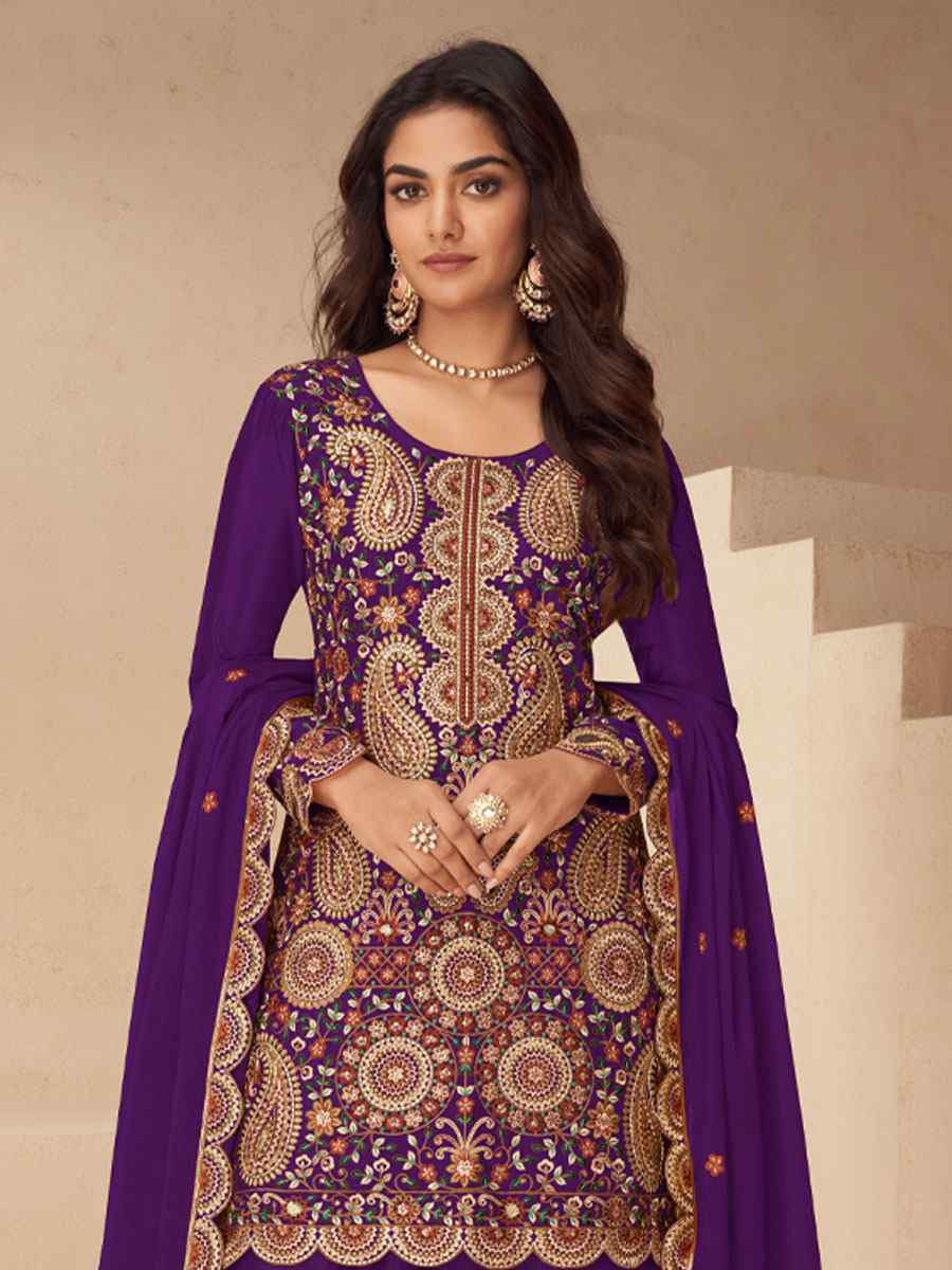 Purple Real Chinon Embroidery Party Wedding Festival Casual Ready Palazzo Pant Salwar Kameez