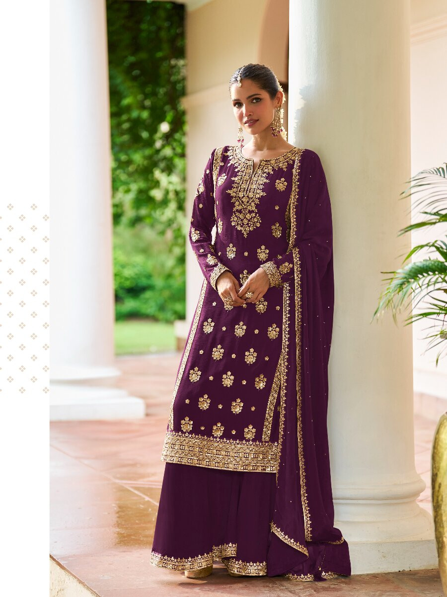 Purple Real Chinon Embroidery Sequins Zari Wedding Festival Party Casual Ready Sharara Pant Salwar Kameez