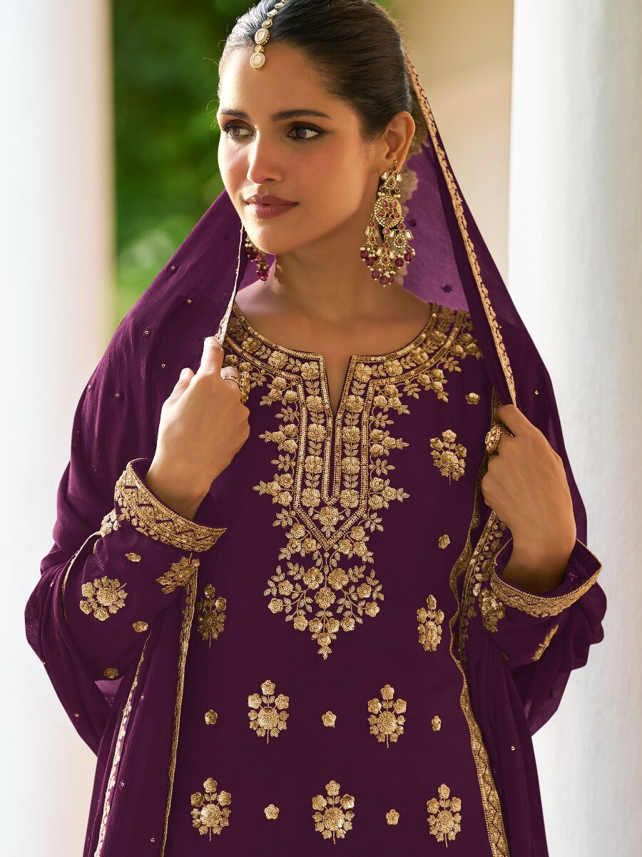 Purple Real Chinon Embroidery Sequins Zari Wedding Festival Party Casual Ready Sharara Pant Salwar Kameez
