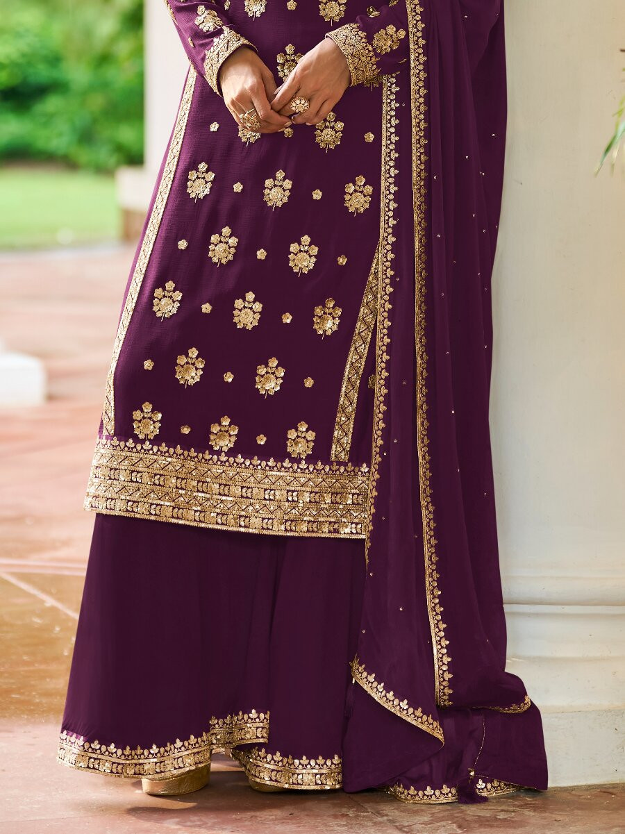 Purple Real Chinon Embroidery Sequins Zari Wedding Festival Party Casual Ready Sharara Pant Salwar Kameez