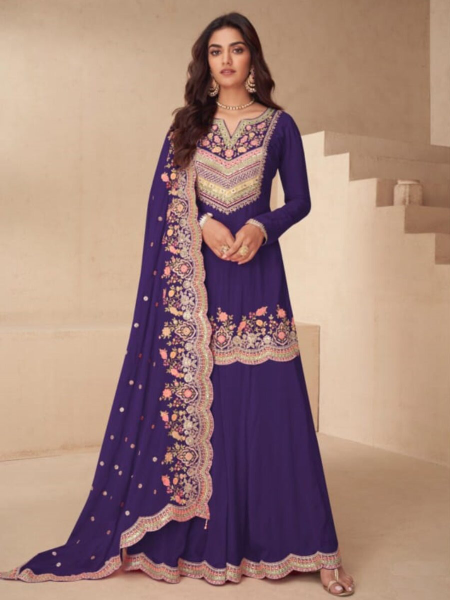 Purple Real Chinon Embroidery Wedding Party Festival Casual Ready Palazzo Pant Salwar Kameez