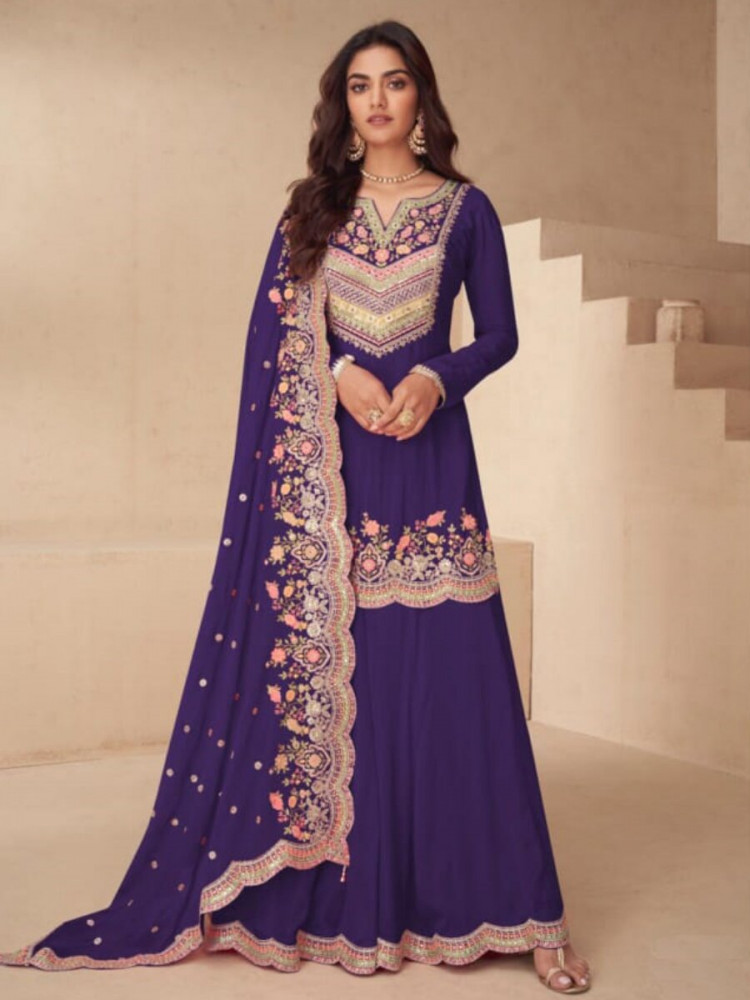 Image of Purple Real Chinon Embroidery Wedding Party Festival Casual Ready Palazzo Pant Salwar Kameez
