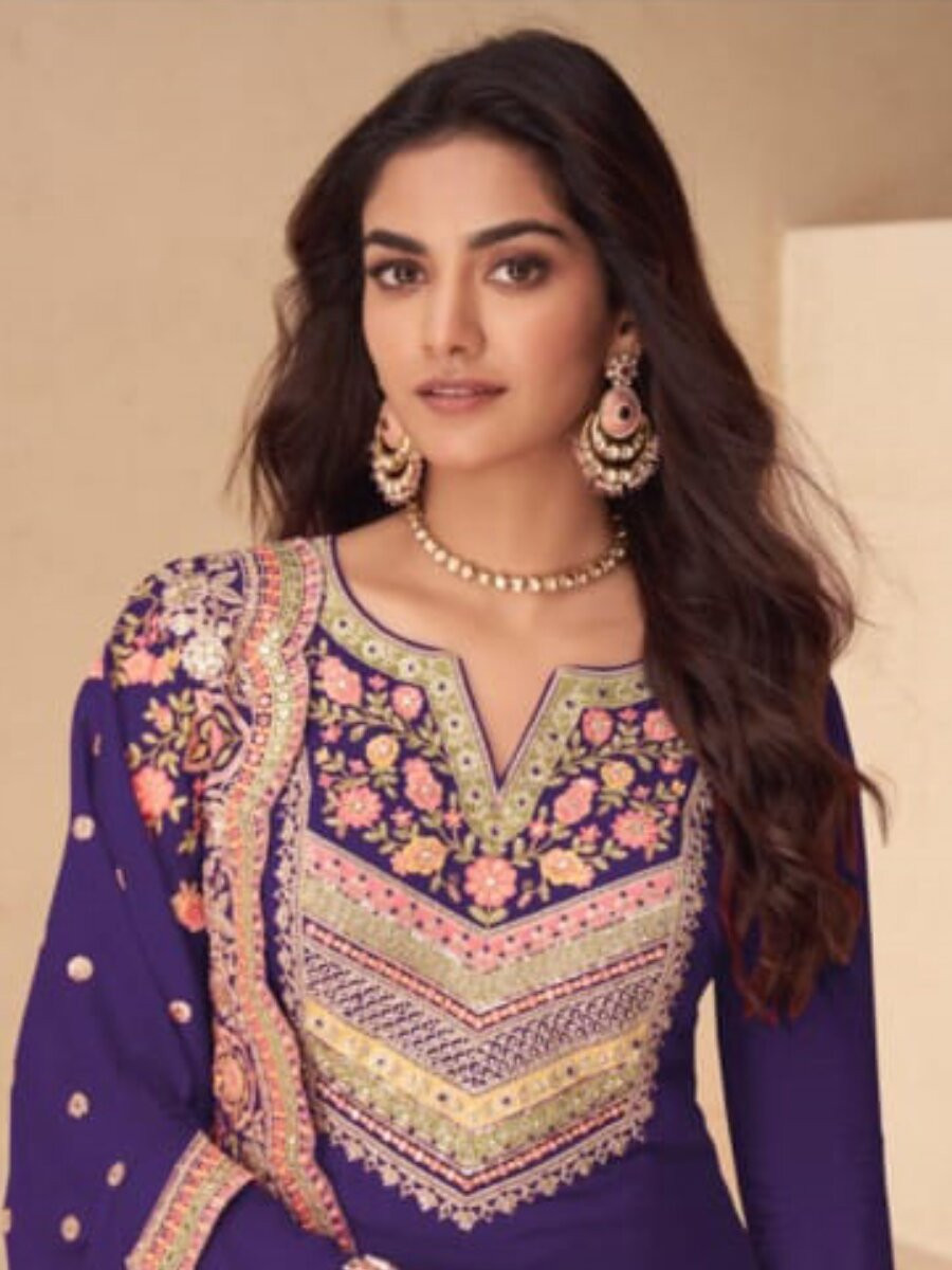 Purple Real Chinon Embroidery Wedding Party Festival Casual Ready Palazzo Pant Salwar Kameez