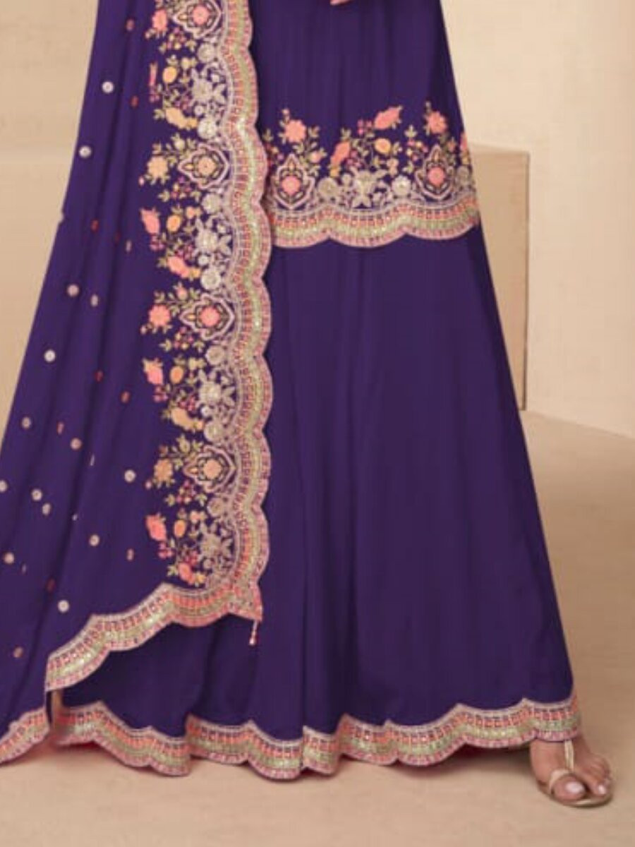 Purple Real Chinon Embroidery Wedding Party Festival Casual Ready Palazzo Pant Salwar Kameez