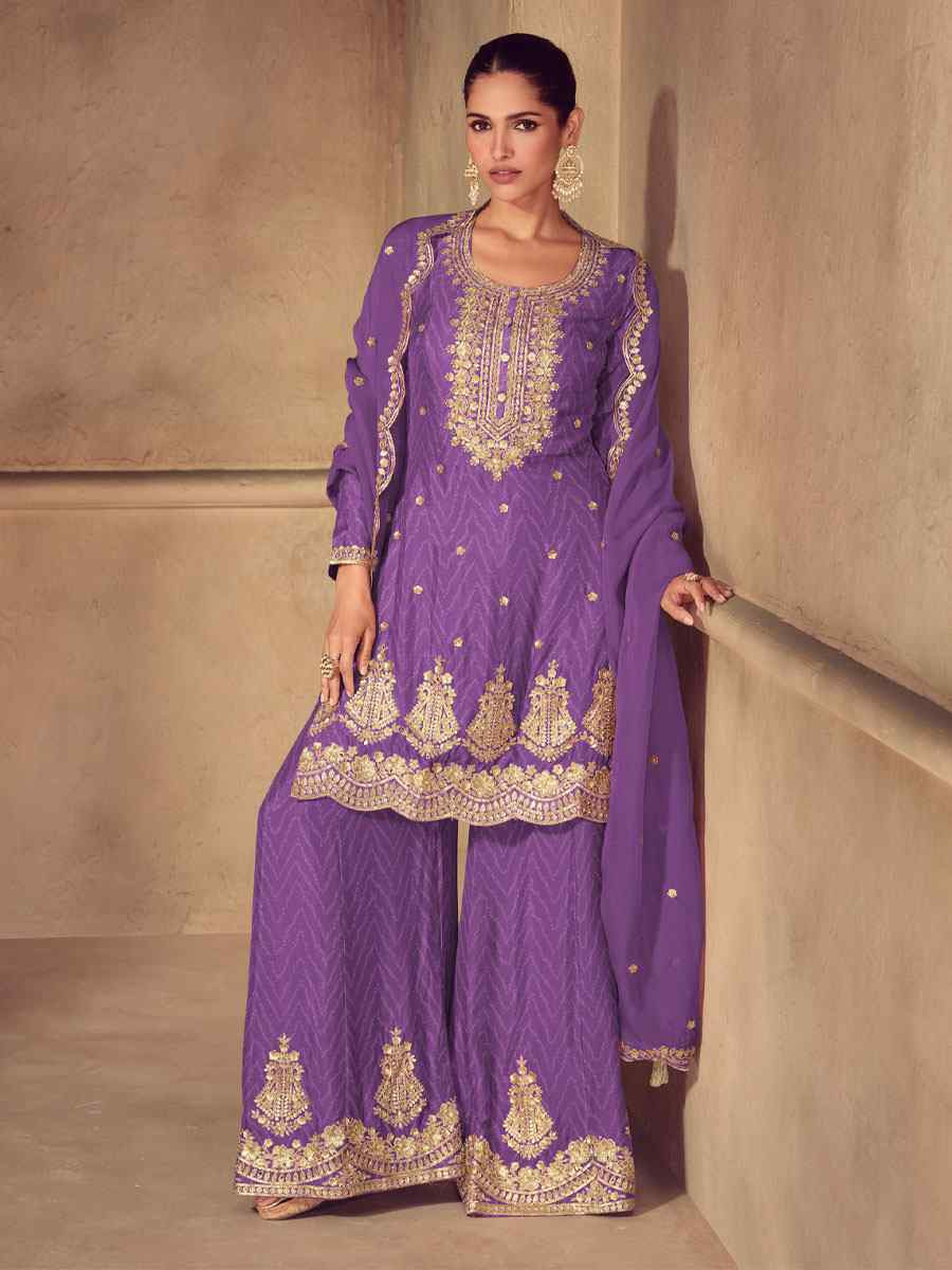 Purple Real Chinon Printed Embroidery Party Wedding Festival Ready Palazzo Pant Salwar Kameez