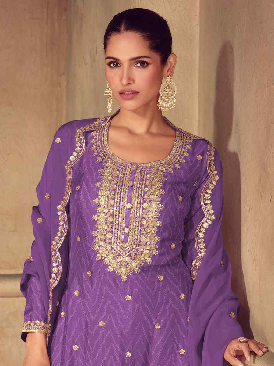 Purple Real Chinon Printed Embroidery Party Wedding Festival Ready Palazzo Pant Salwar Kameez