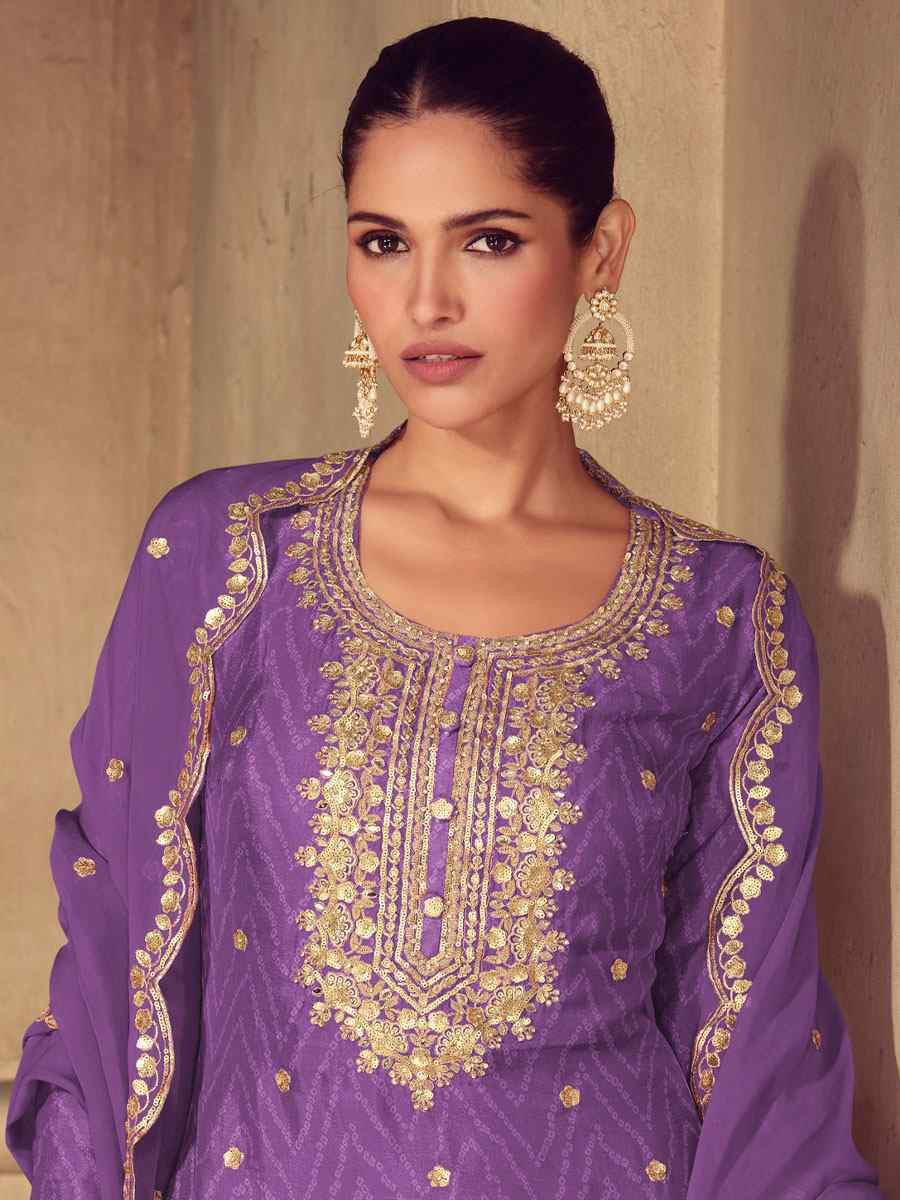 Purple Real Chinon Printed Embroidery Party Wedding Festival Ready Palazzo Pant Salwar Kameez