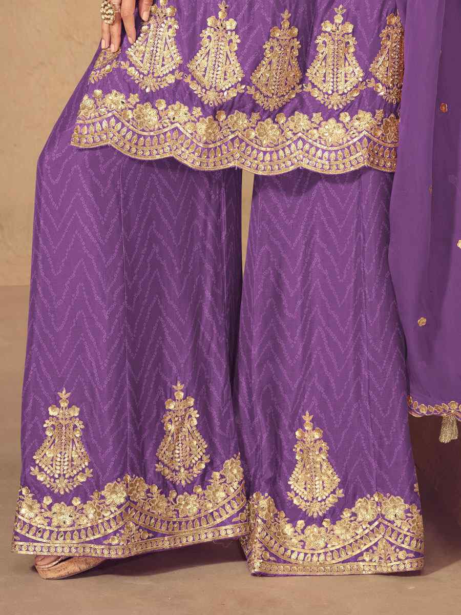Purple Real Chinon Printed Embroidery Party Wedding Festival Ready Palazzo Pant Salwar Kameez