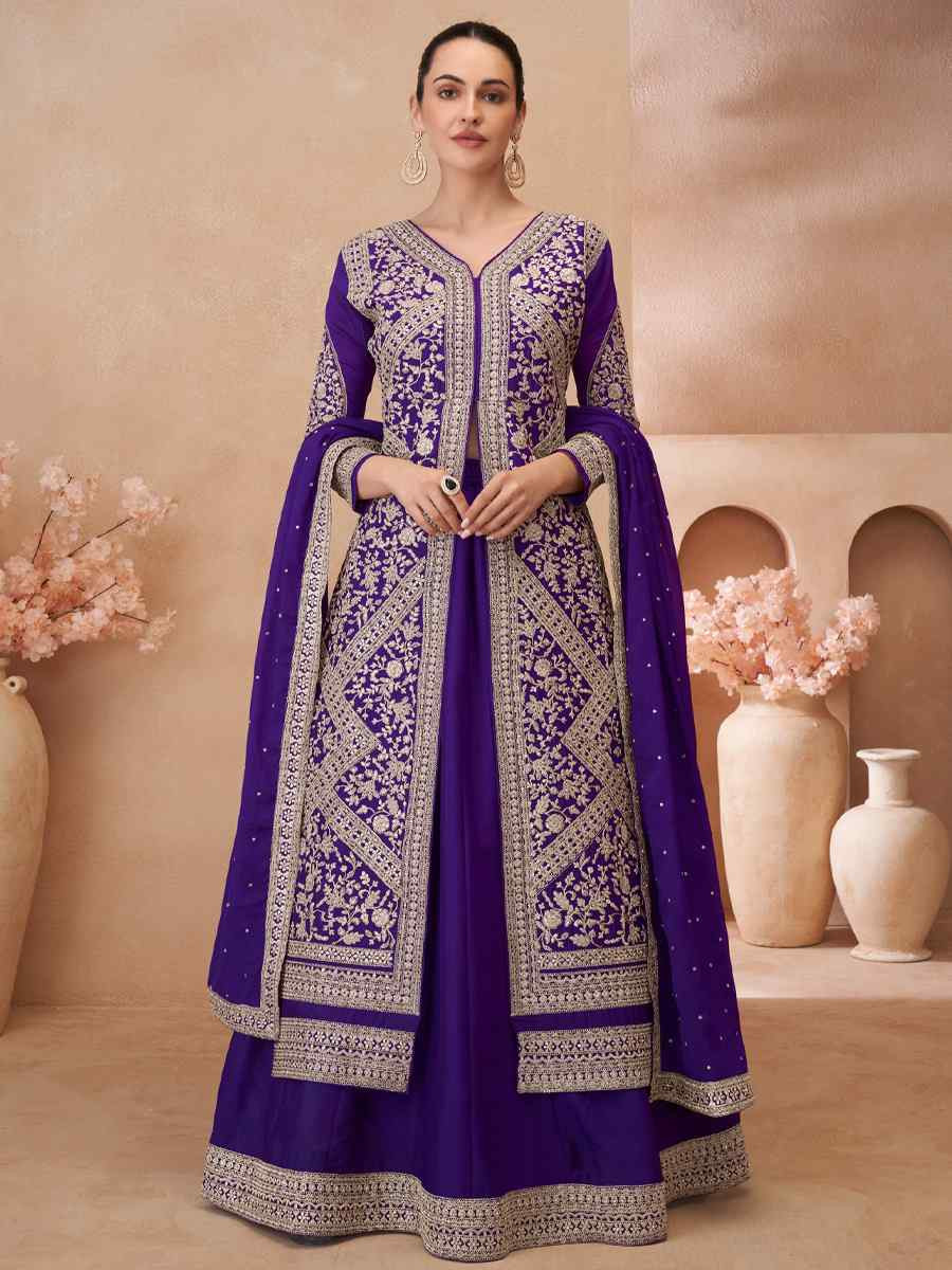 Purple Real Chinon Silk Embroidered Party Casual Ready Skirt Suit Set