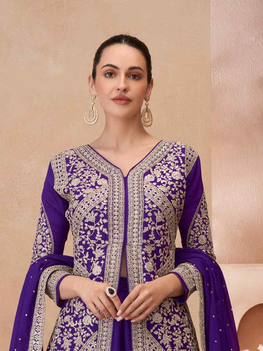 Purple Real Chinon Silk Embroidered Party Casual Ready Skirt Suit Set