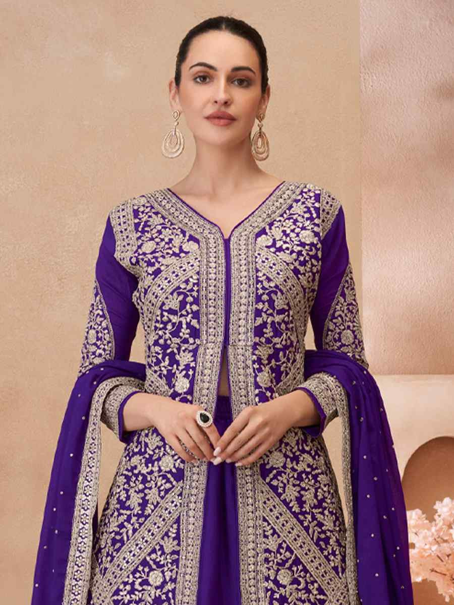 Purple Real Chinon Silk Embroidered Party Casual Ready Skirt Suit Set