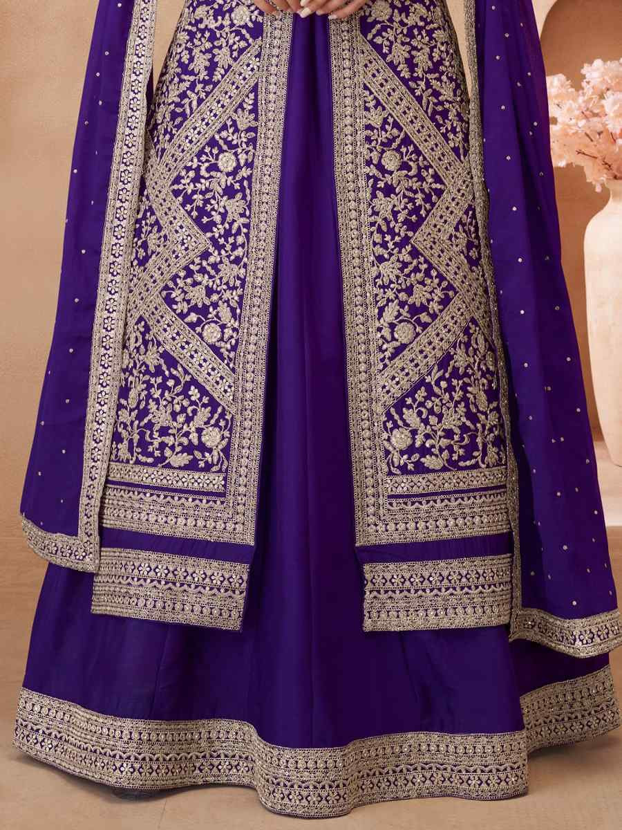 Purple Real Chinon Silk Embroidered Party Casual Ready Skirt Suit Set