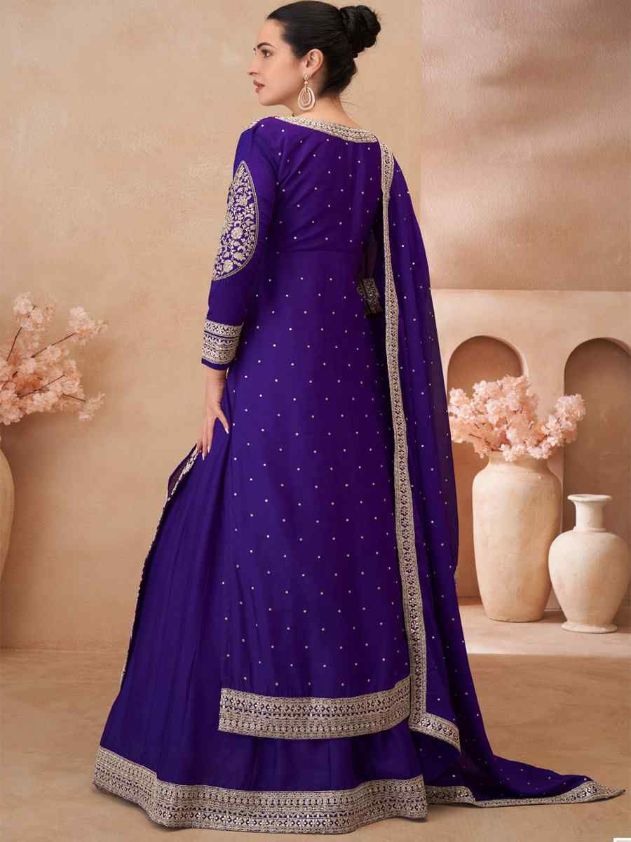 Purple Real Chinon Silk Embroidered Party Casual Ready Skirt Suit Set