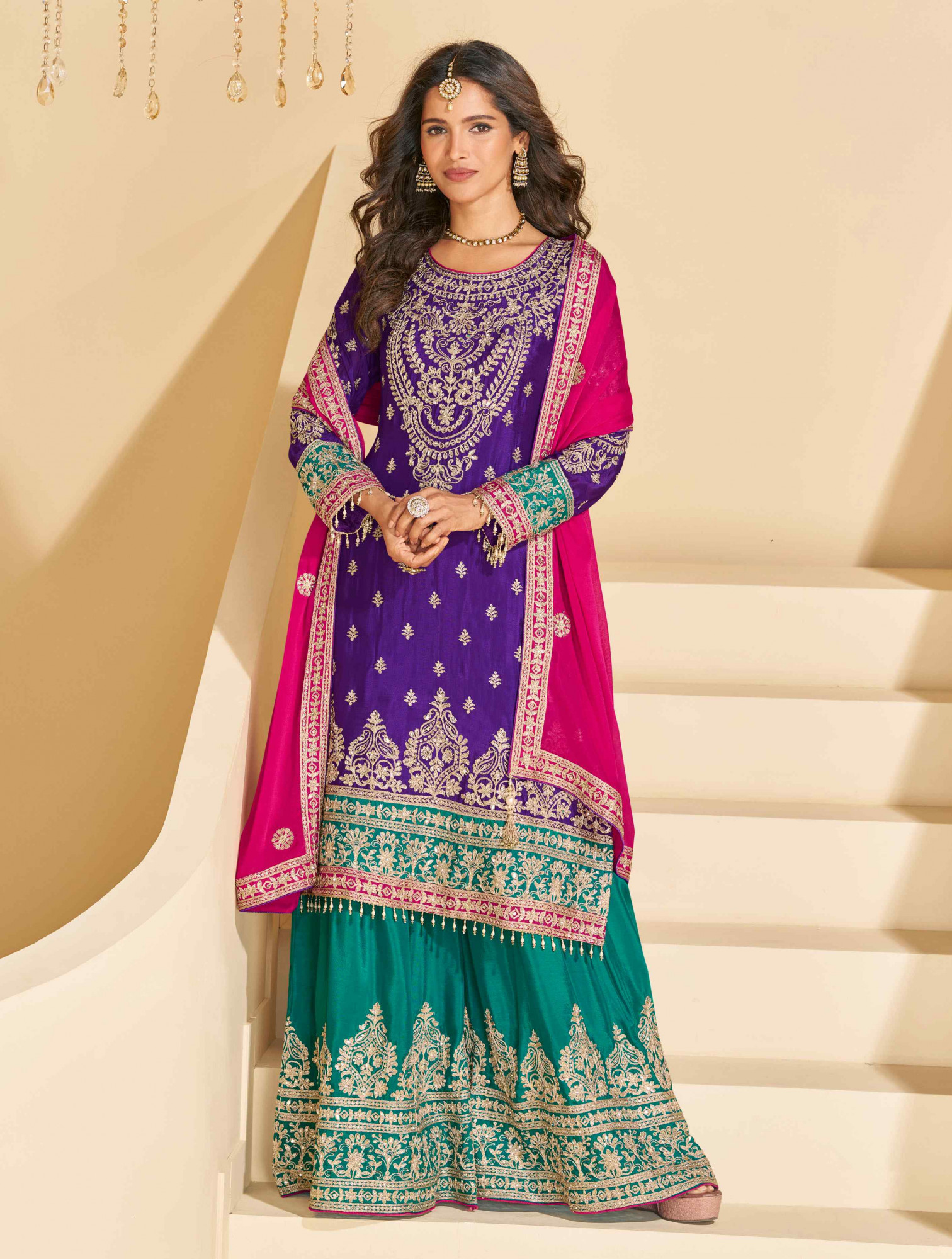 Purple Real Chinon Silk Embroidered Party Wedding Ready Palazzo Pant Salwar Kameez