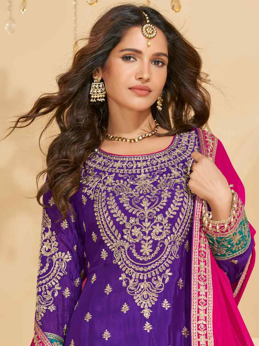 Purple Real Chinon Silk Embroidered Party Wedding Ready Palazzo Pant Salwar Kameez