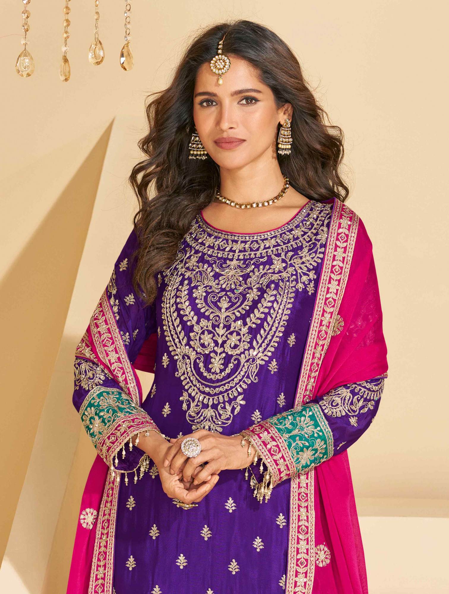 Purple Real Chinon Silk Embroidered Party Wedding Ready Palazzo Pant Salwar Kameez
