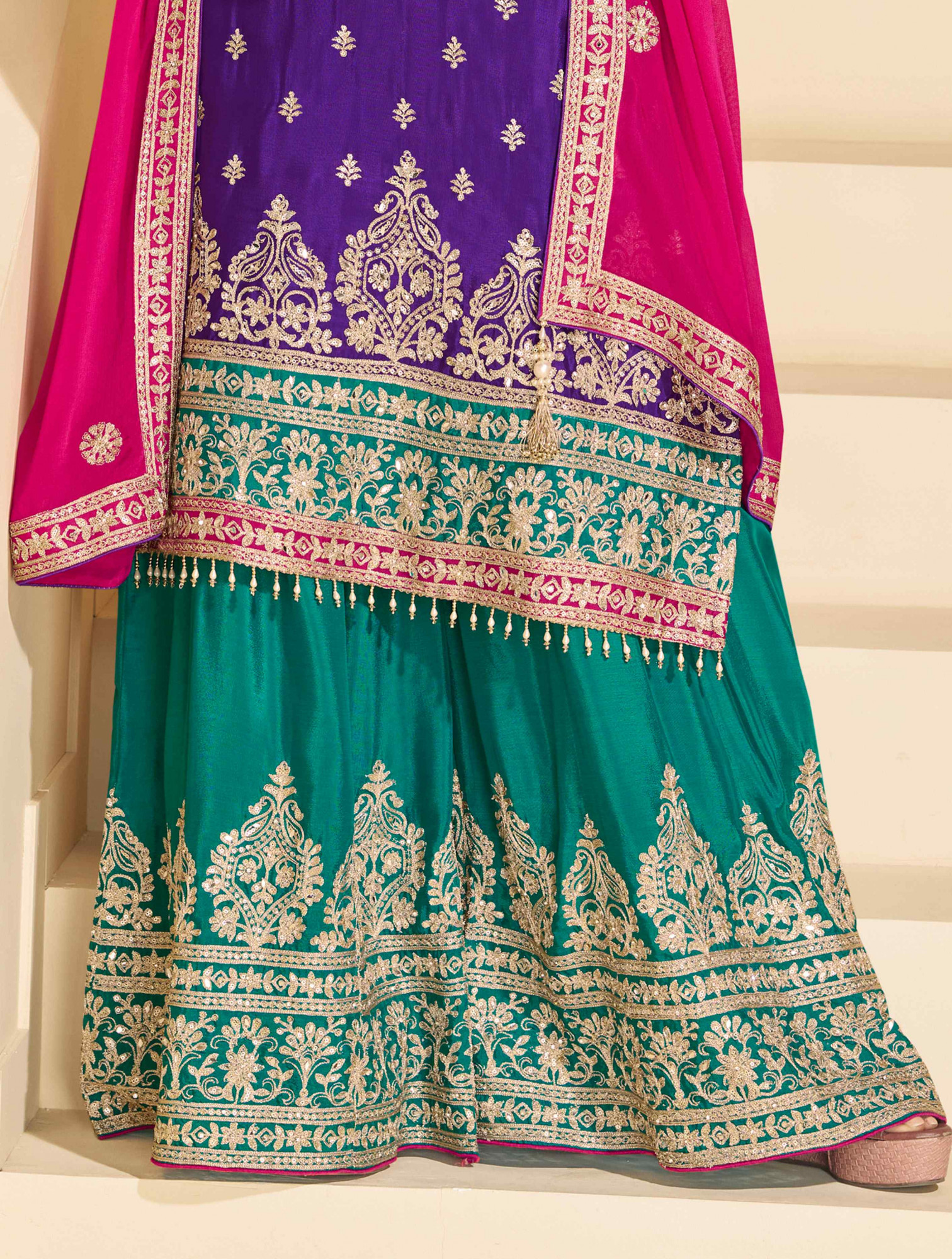 Purple Real Chinon Silk Embroidered Party Wedding Ready Palazzo Pant Salwar Kameez