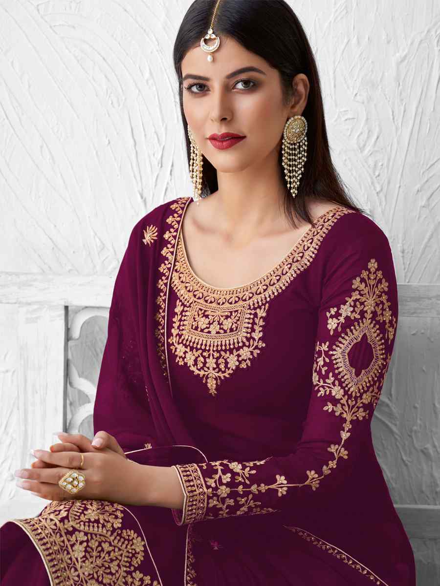 Purple Real Faux Georgette Embroidered Party Festival Palazzo Pant Salwar Kameez