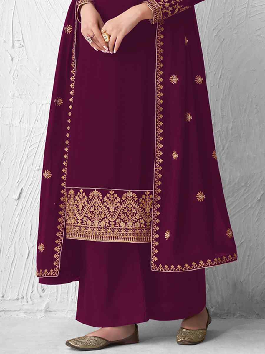 Purple Real Faux Georgette Embroidered Party Festival Palazzo Pant Salwar Kameez