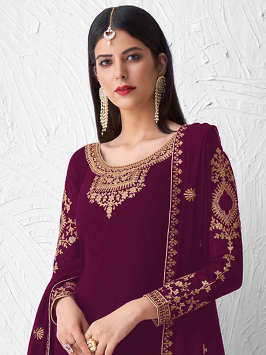 Purple Real Faux Georgette Embroidered Party Festival Palazzo Pant Salwar Kameez