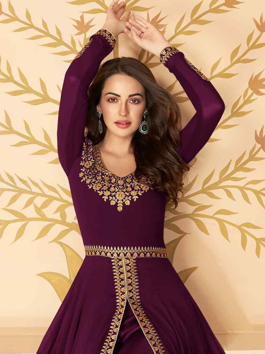 Purple Real Georgette Embroidered Engagement Party Lawn Salwar Kameez