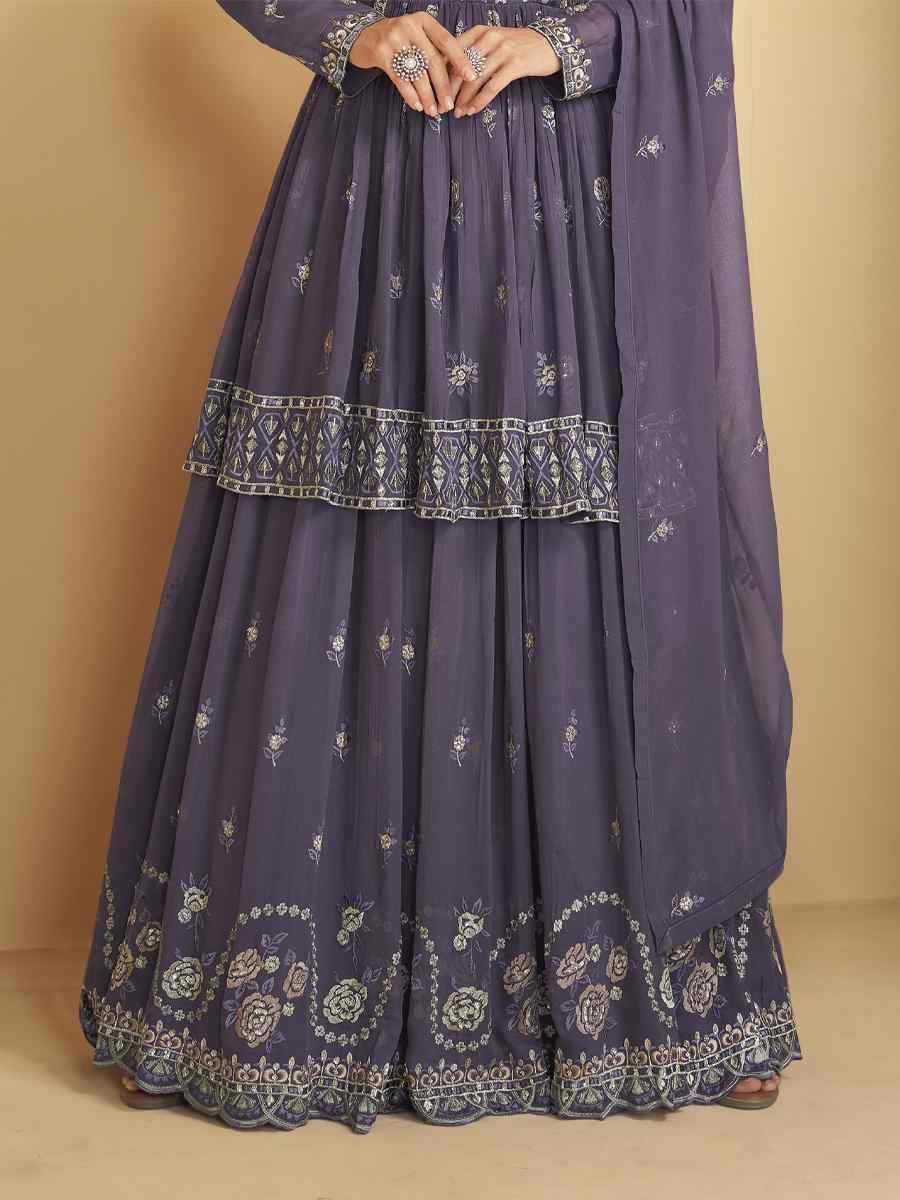 Purple Real Georgette Embroidered Festival Mehendi Sharara Pant Salwar Kameez