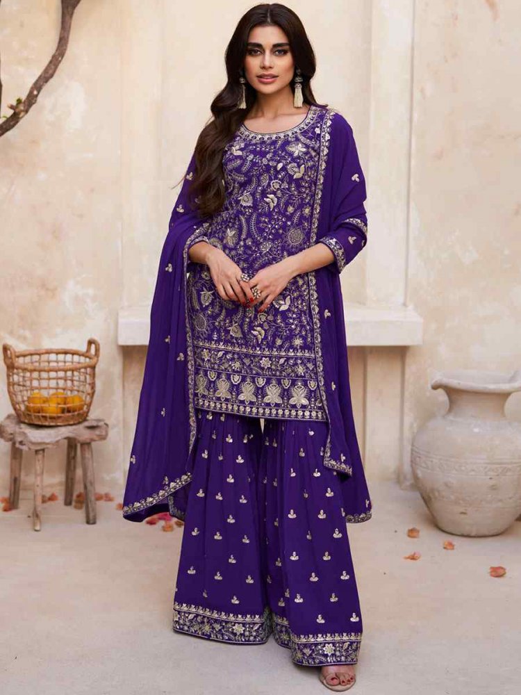 Purple Real Georgette Embroidered Festival Wedding Ready Sharara Pant Salwar Kameez